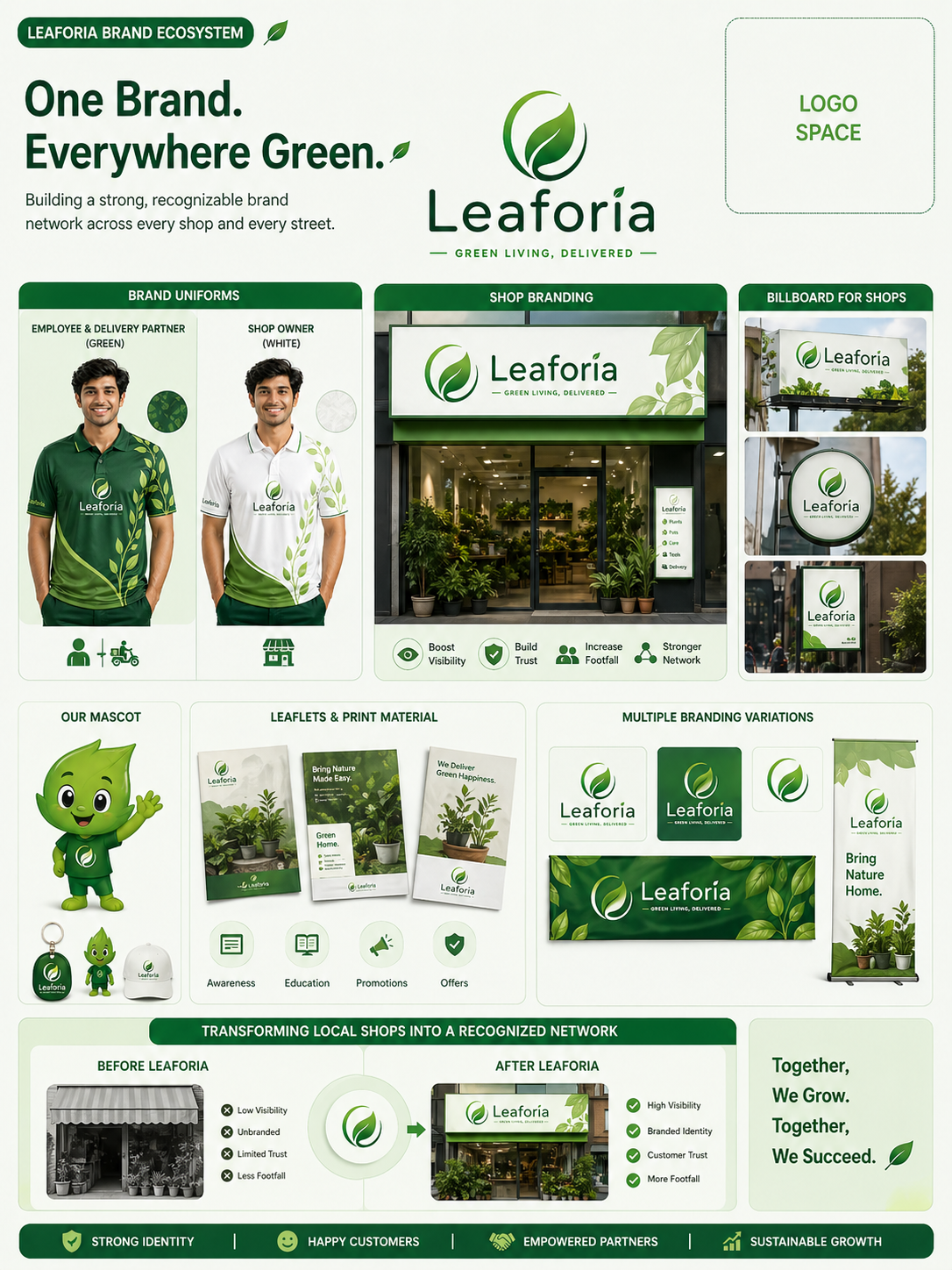 Leaforia brand ecosystem with shop signage, uniforms and print material